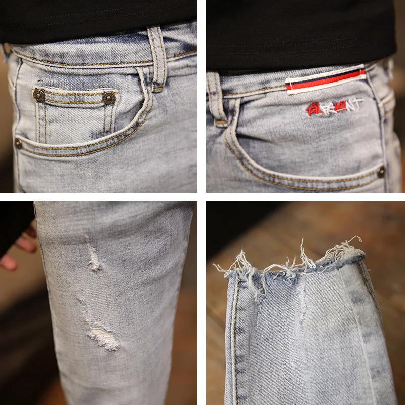 

Fashion stretch cropped pants men's small feet Slim hole skinny jeans men 2020 new spring and summer teenagers ripped hole pants