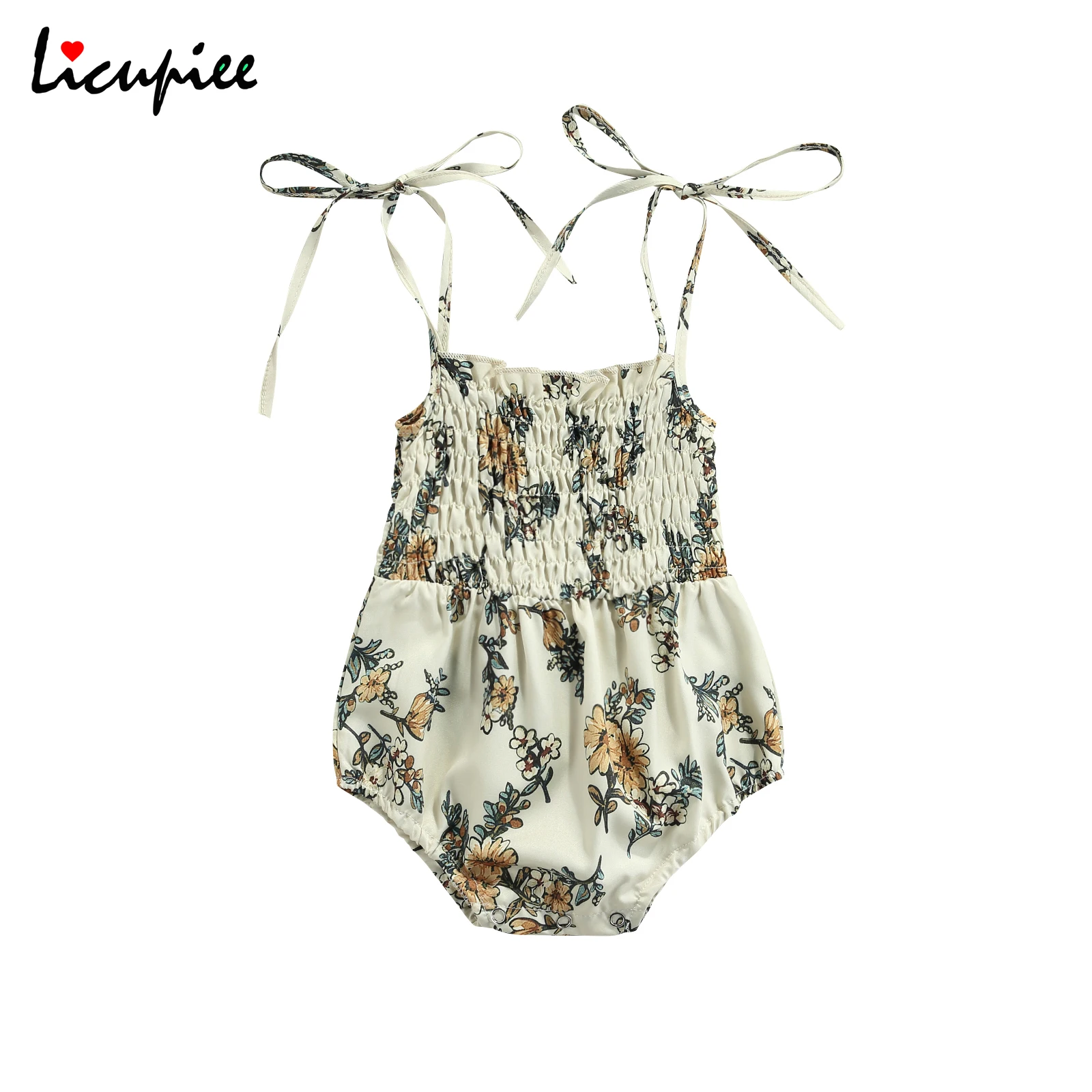 

0-12 Months Print Bodysuits Clothes Baby Floral Print Short Romper, Girls Sleeveless Low-cut Tie-up Sling Jumpsuit with Ruffles