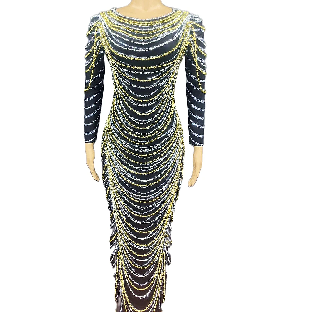 

Sparkly Silver Gold Fringes Chain Split Dresses Tight Stretch Long Sleeves Women Floor-Length Dresses Evening Prom Outfit