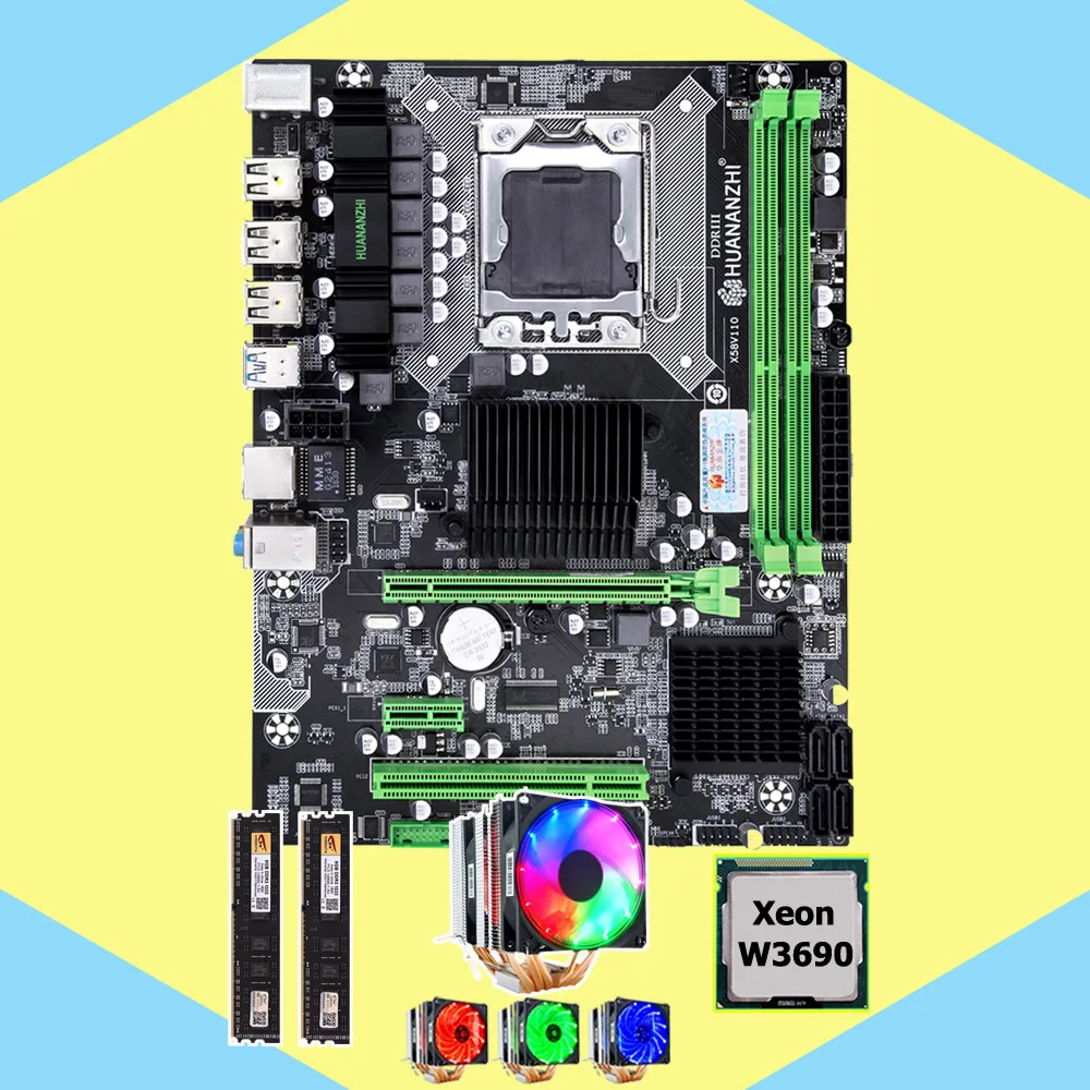 HUANANZHI X58 Pro Материнская плата комплект X58 LGA1366 материнская плата с ЦП Intel Xeon W3690 3,46 ГГц 6 тепловых труб кулер оперативная память 16 г(2*8 г
