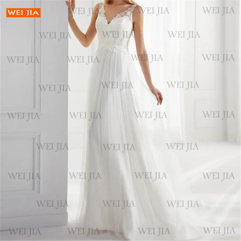 

Женское свадебное платье с V-образным вырезом, белое платье из тюля А-силуэта с кружевной аппликацией, выполненное на заказ, 2021