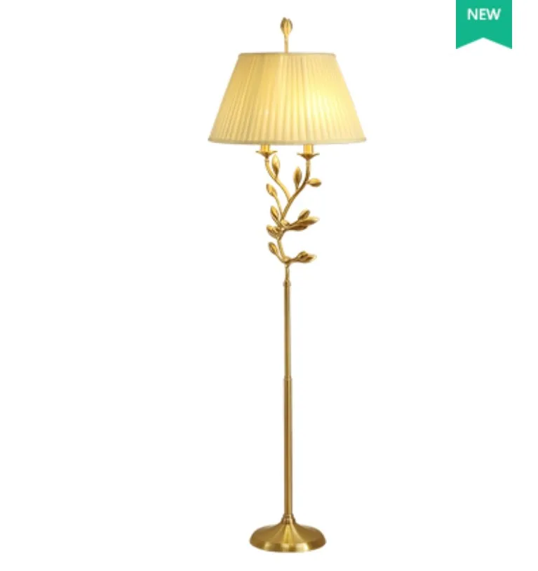 

Modern copper material floor lamp 2 lampholder cloth shade material for sitting room led floor lamp