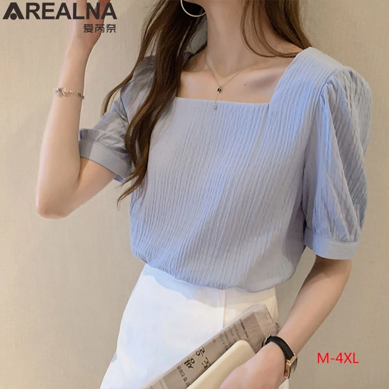 

Ladies white Chiffon Puff Sleeve shirts Square Neck Solid Top And Blouse Women 2022 Summer Workwear short Sleeve Elegant Blouses