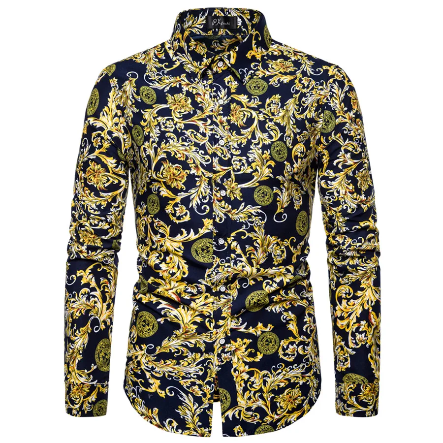 

2020 Fashion New Men's Casual Long Sleeve Printed Flower Shirt / Men's Slim Beach Floral Shirt