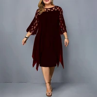 2021 women elegant dress breathable mesh stitching tight waist 34 flare sleeve irregular hem knee length dress for party