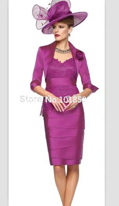 

Fuchsia Lace V-Neck Knee Length Sheath Mother of the Bride Dresses Mother Dress with Jacket Wedding Party Dress 2020