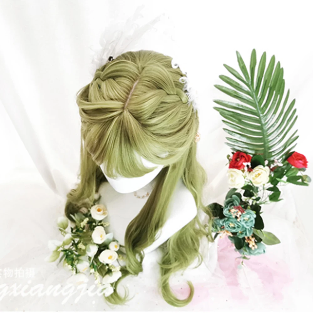 

Cosplay 65CM Lolita wave bangs heat-resistant grass green long Halloween cute party synthetic Cosplay wigs