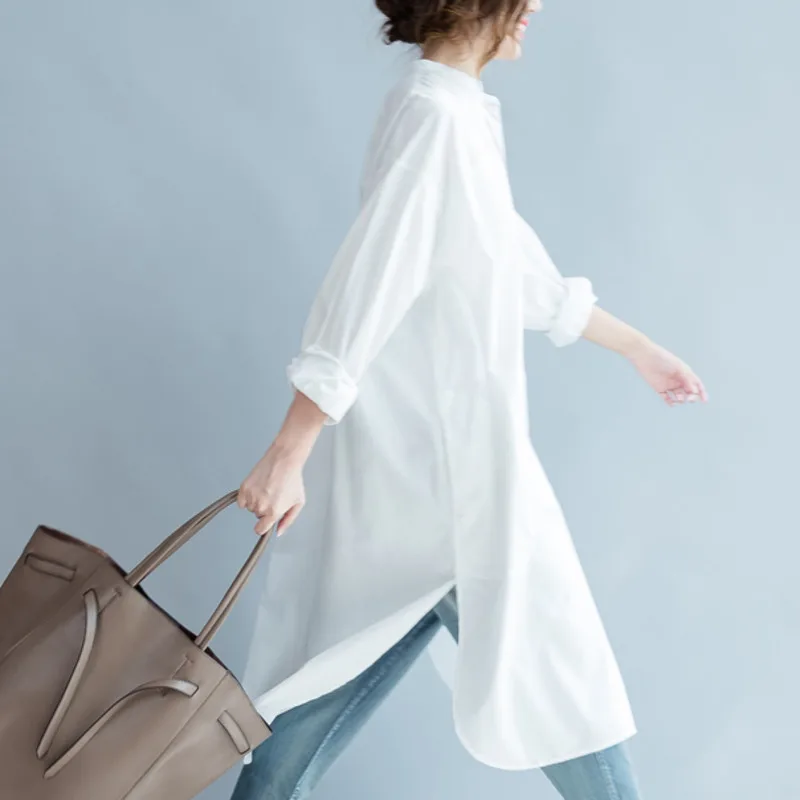 #2837 весенне осенняя белая хлопковая Длинная блузка с круглым вырезом женская