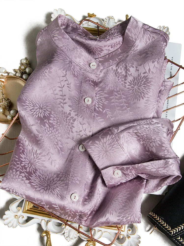 

Light Purple Soft Designer Stand Collar Jacquard Satin Mulberry Silk Shirt Women's Fashion Clothing 2021 New Top