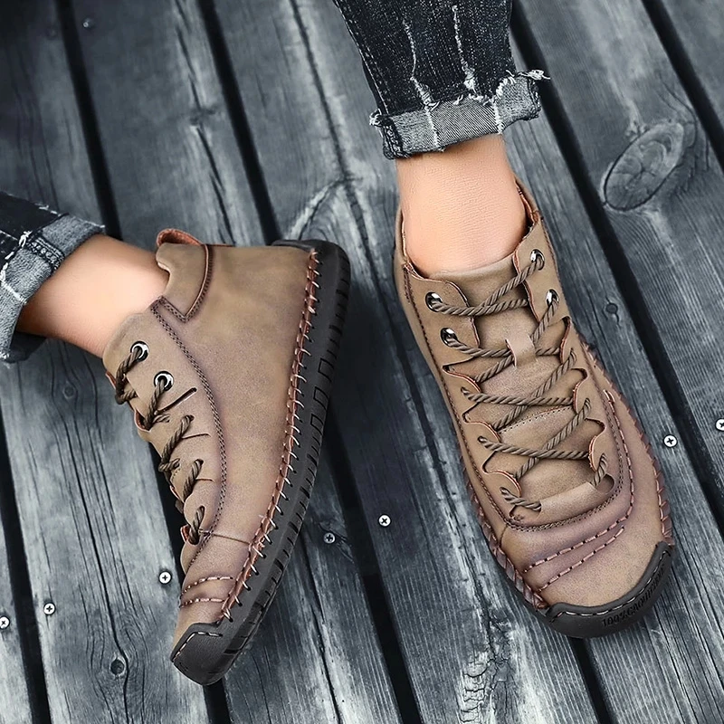 SMS Fashion Men Leather Boots Warm Fur Snow Boots Winter Hiking Shoes Sneakers Split Leather Comfortable Ankle Lace Up Boots