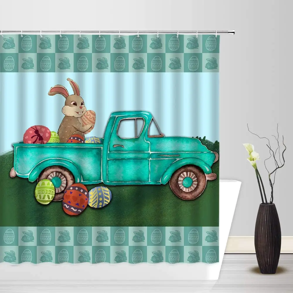

Easter Truck Rabbit Shower Curtain Spring Festival Easter Bunny Eggs Flowers Teal Watercolor Fabric Bathroom Curtain with Hooks