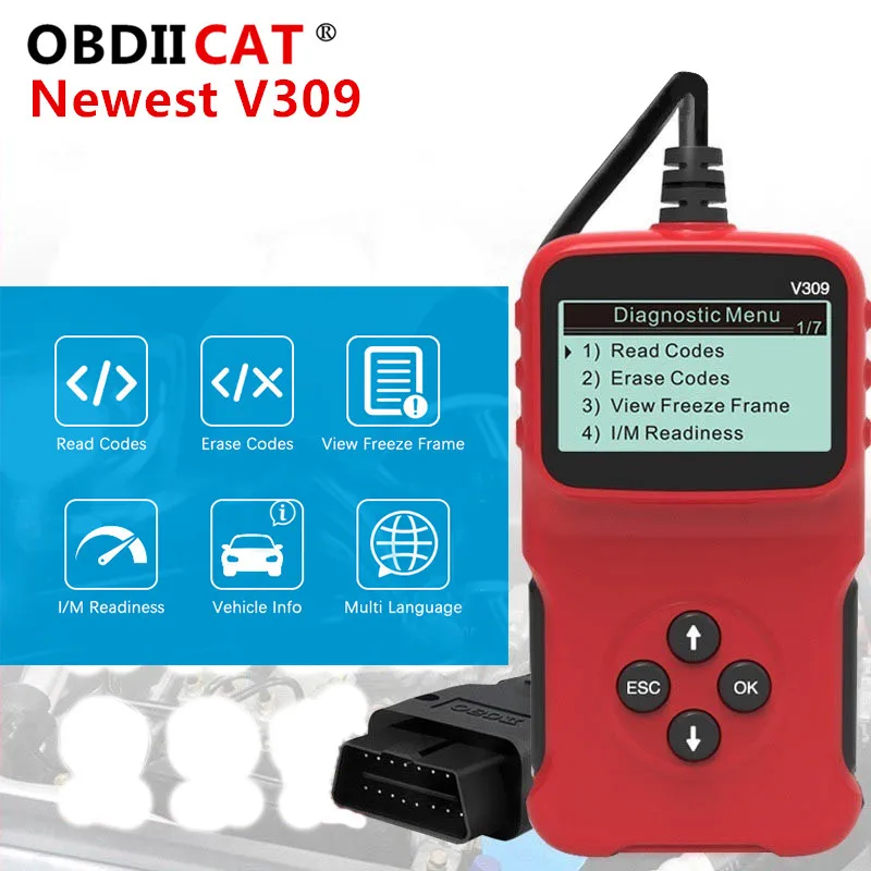 

Newest V309 OBD2 OBDII Auto Car Diagnostic Scanner Handheld Car Diagnostic Repair Tool Automotive Erase/Reset Fault Codes Reader