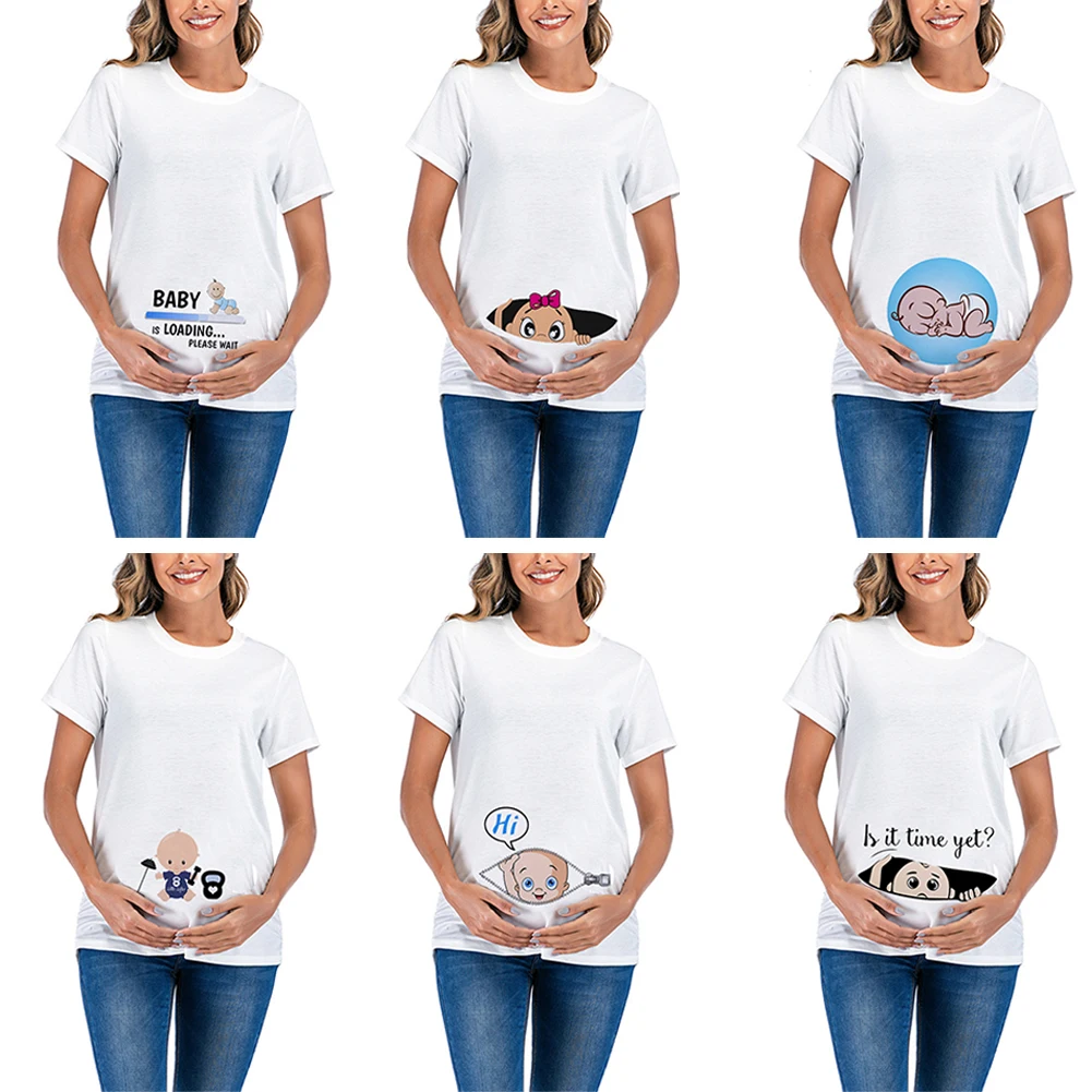 

2021 New Maternity Clothes T-Shirt Pregnant Women Plus Size Clothes High-Quality Cotton Round Neck Pattern Printing Maternity