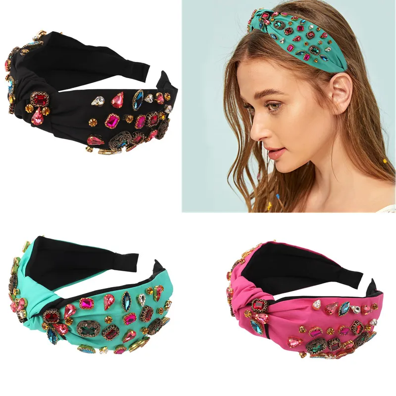 

Fashion Women Hair Accessories Wide Side Headbands Mix Rhinestone Baroque Hairband For Adult Center Knot Headwear Hair Hoops