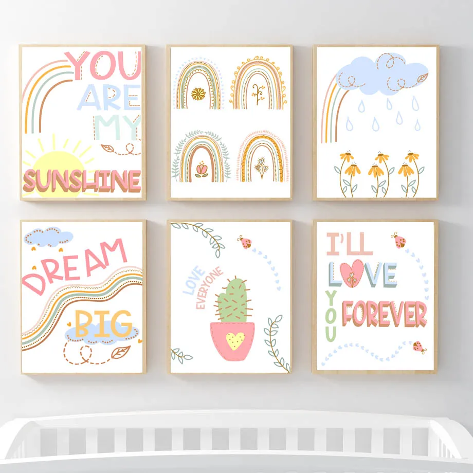 

Rainbow Cloud Rain Sun Cactus Nursery Boho Watercolor Wall Art Canvas Painting Posters And Prints Wall Pictures Kids Room Decor