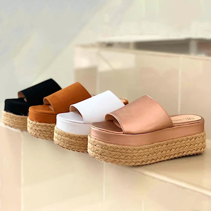 

Women Slippers Wedges Bottom Casual Heels Shoes Woman Braided Hemp Rope Beach Slippers Platform Flat Sandals Shoes Feminino 2021