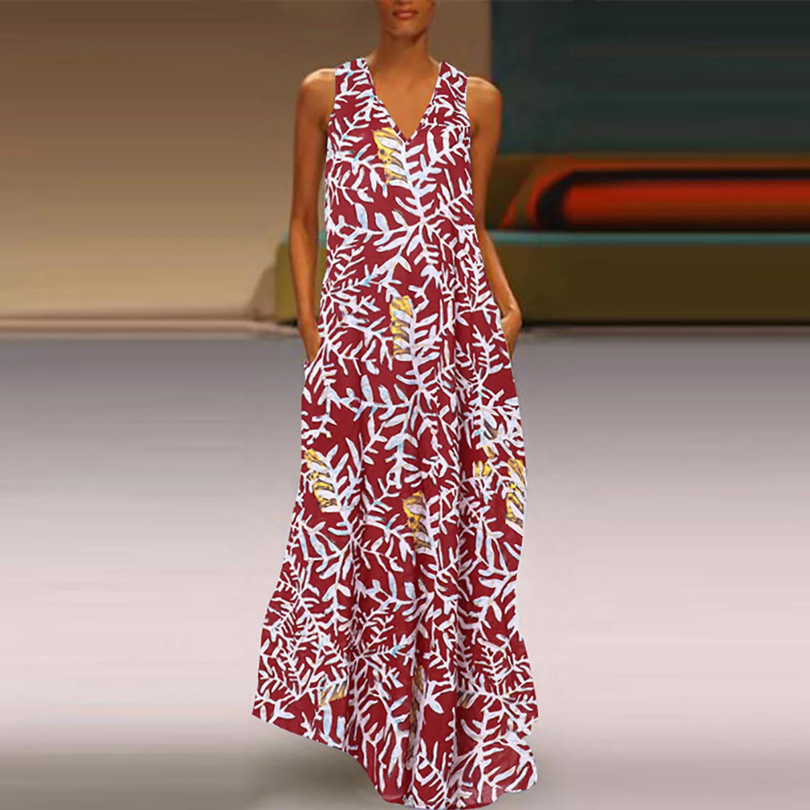 

Fashion Women Dress V-Neck Sleeveless Casual Floral Printed Maxi Dress Female Printed Robe Short Sleeve Vestidos Plus Size Dress