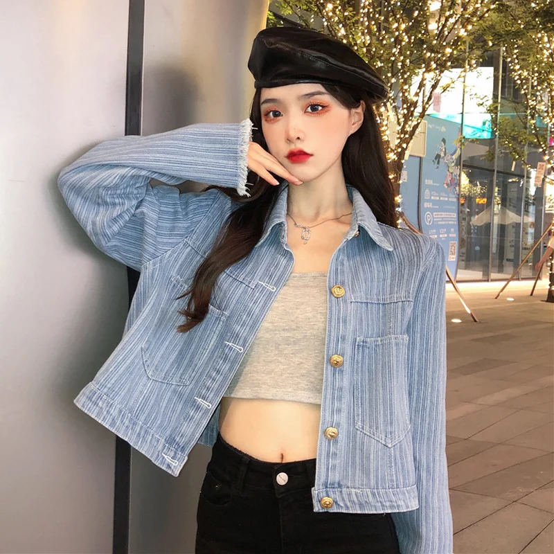 

Woman Long Sleeve Fashion Short Denim Jacket 2021 Korean Style Vintage Lapel Pockets Casual All-match Single Breasted Outwear