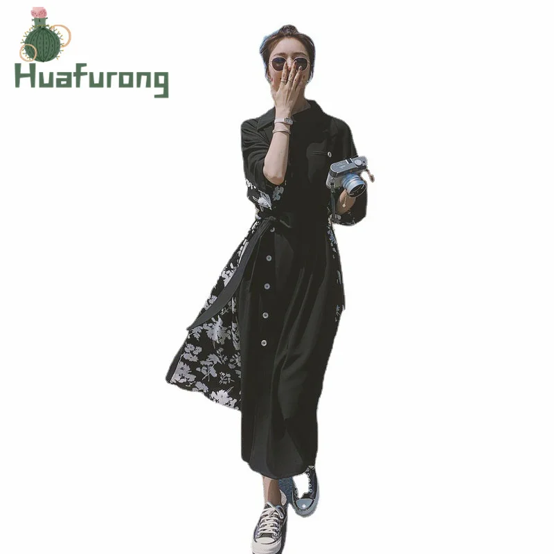 

Fashionable Stylish Female Summer Dress Black With Flower Slide Long New French High Waist Slimming Dress