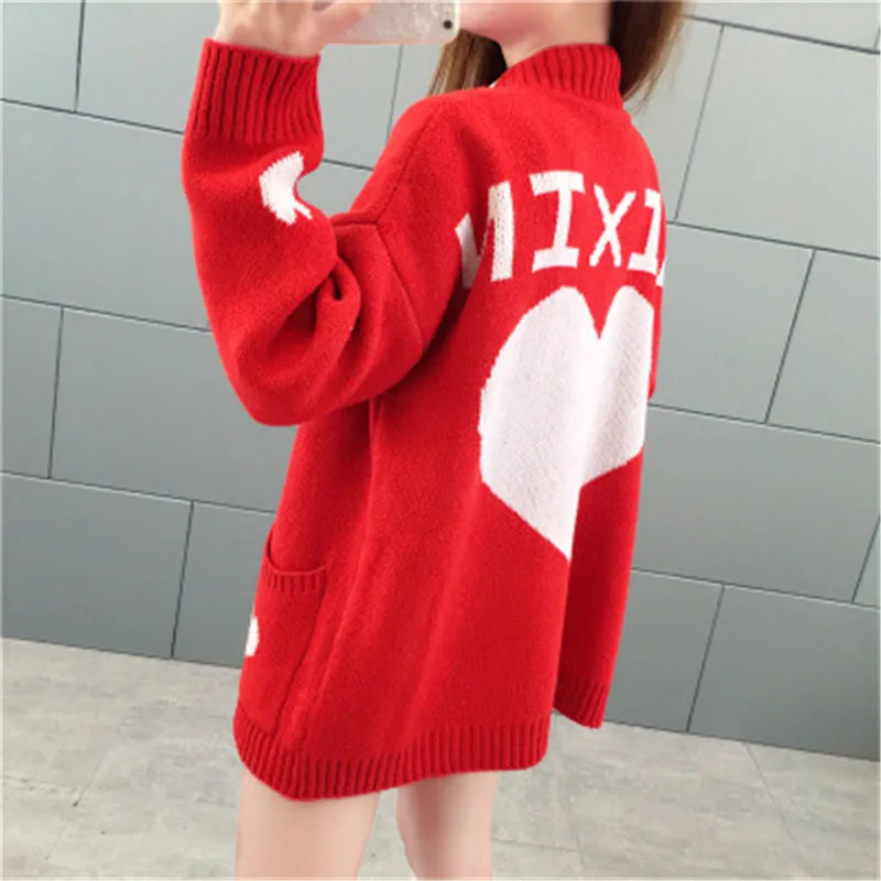 2019 Женский вязаный свитер кардиган чистая Красная Вязаная куртка с карманами