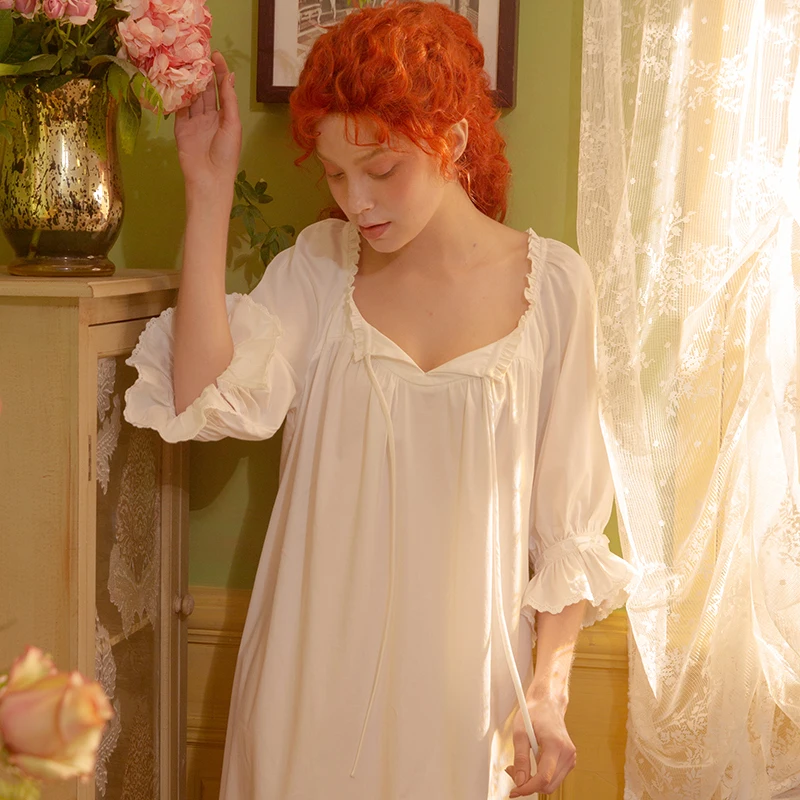 

Retro Court White in Thin Section Loose Nightdress Solid Color Woven Cotton Long Sleeve Princess Pajamas Home Wear