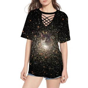 Футболка женская бандажная с V-образным вырезом и принтом кота