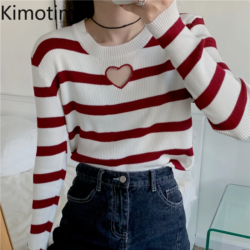 

Kimotimo Striped Knitted Pullover Women Early Autumn O-neck Heart Hollow Out Base Sweater Korean Chic Casual Bottoming Sweaters