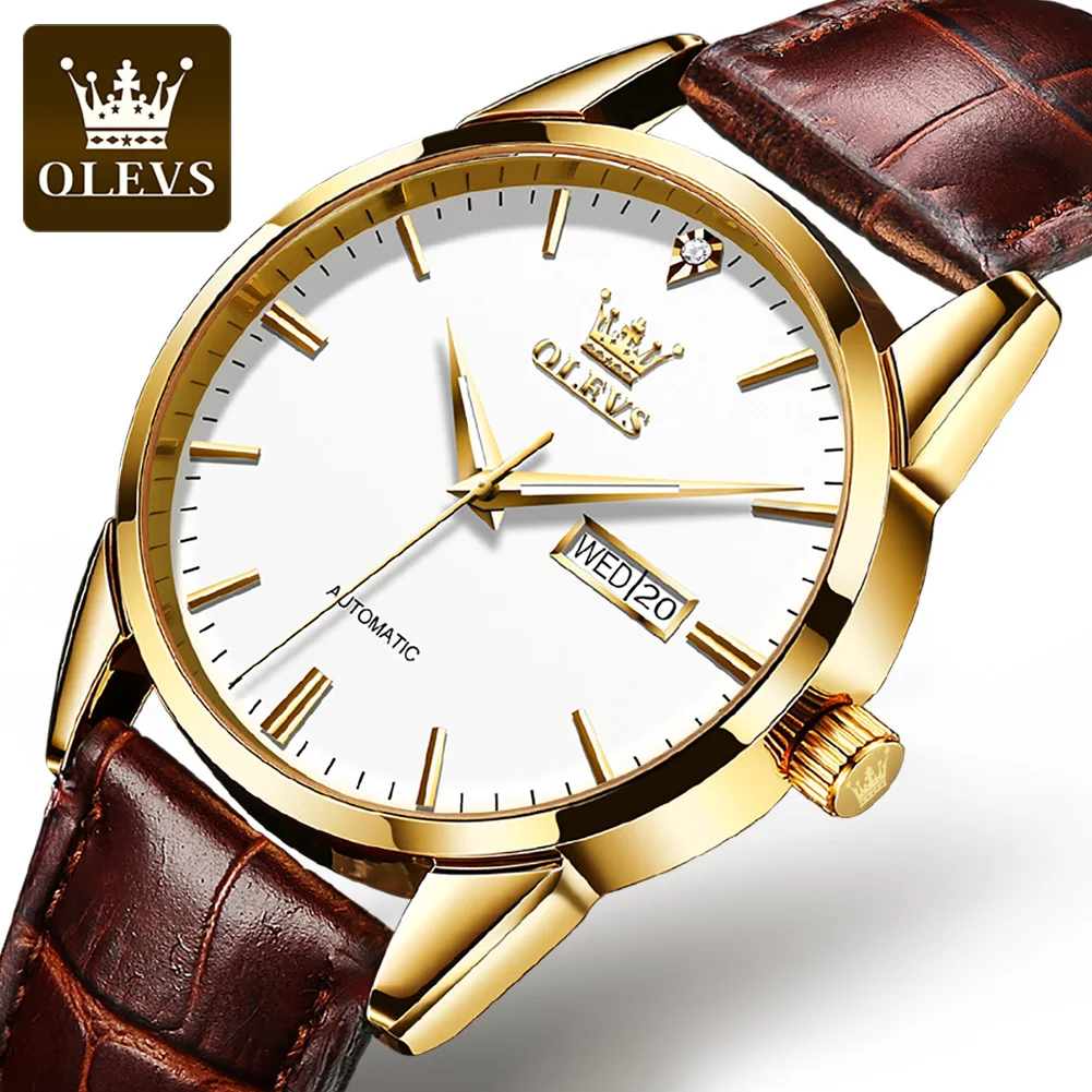 OLEVS New Business Mens Mechanical Watches Waterproof Genuine Leather Brand Luxury Automatic Wristwatch Clock Relogio Masculino