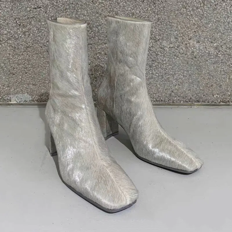 

Серебристые женские ботильоны в стиле ретро с квадратным носком, ботинки на высоком каблуке с молнией сзади B141
