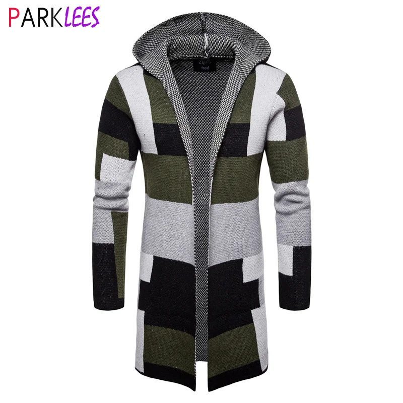 

Geometric Knitted Long Cardigan Sweater Men 2020 Autumn New Casual Hooded Knitted Sweaters Open Front Mens Knitwear Pull Homme