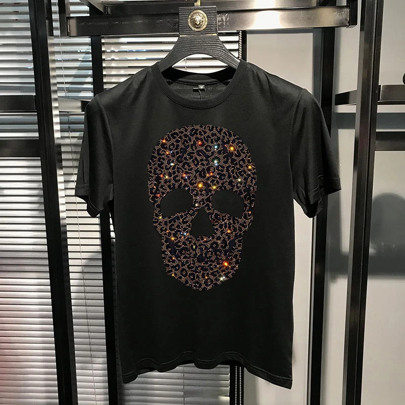 

HARAJUKU SKULL HOT DIAMOND PRINTING LOOSE SWEATSHIRT MEN'S T-SHIRT COTTON TREND PLUS SIZE TOP