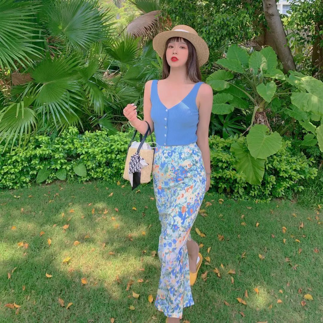 Женская юбка средней длины с цветочным рисунком весна-лето новинка 2020 длинная