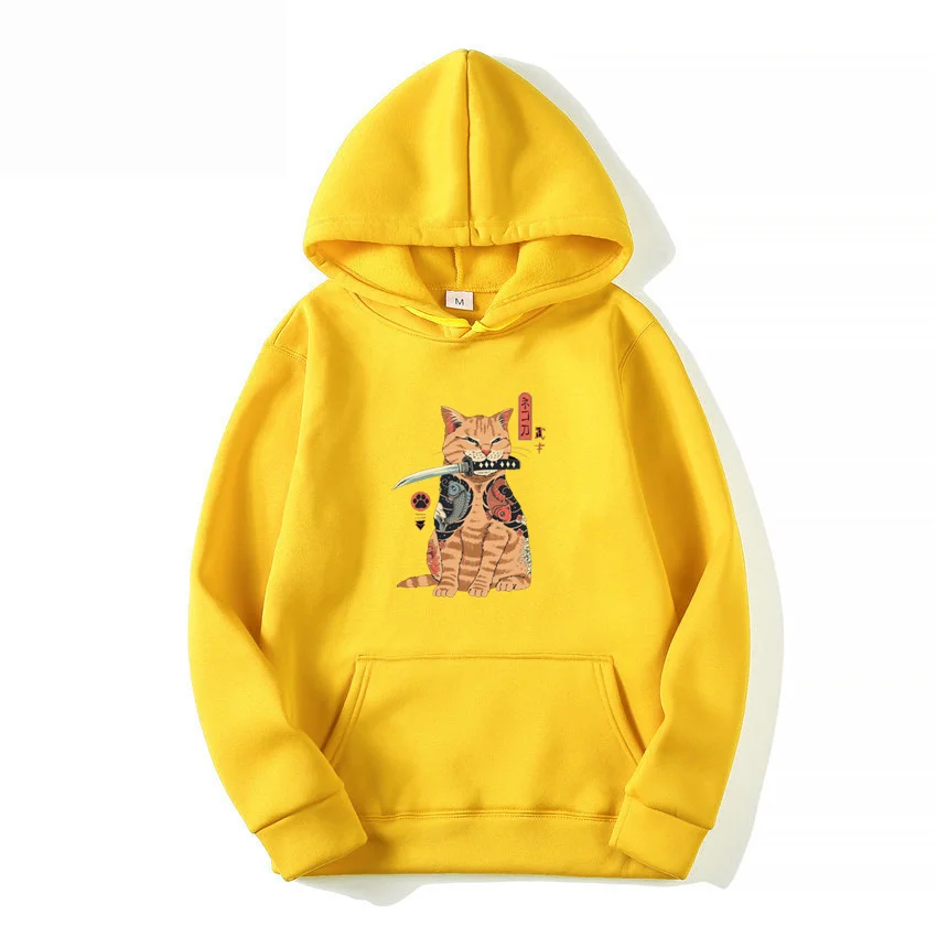 

Mens Sweatshirts Japan Fashion Street Huge Cat Pattern Casual Costume Tracksuits Funny Cool Streetwear Fleece Warm Men Hoodie
