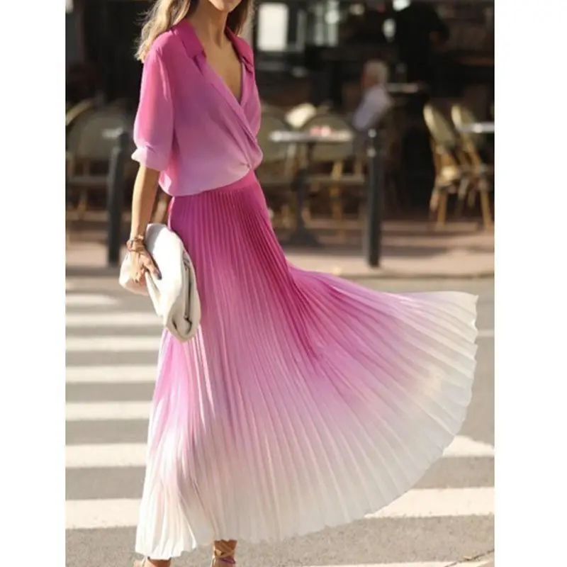 

Новинка лета 2021, юбка из двух частей, Модная тонкая рубашка в стиле Ins с яркими розовыми и красными градиентными цветами, Женская юбка