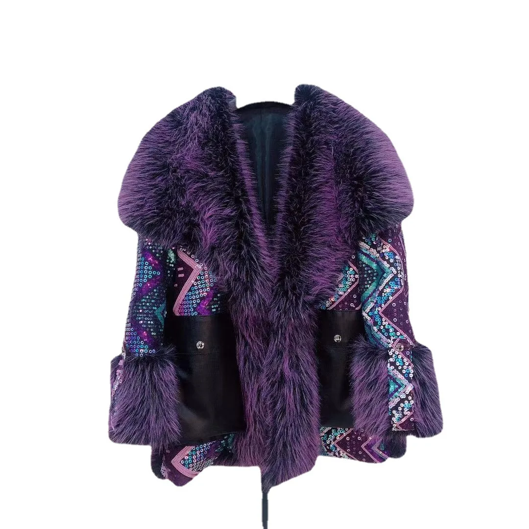 High Quality Tuscan Fur Coat Women's Large Lapel Embroidered Sequins Purple Lamb Wool Jacket Plush Furry Coats Winter Clothing