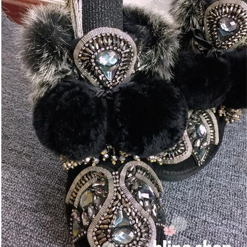 Женские зимние сапоги Новинка 2019 года Зимние с алмазными стразы Теплые кроличьим
