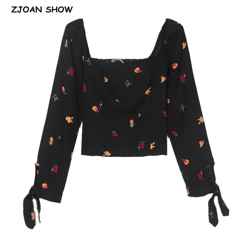 

Женская укороченная рубашка с принтом фруктов, короткая блузка с длинным рукавом, квадратным вырезом и бантом на манжетах, в стиле ретро, 2021