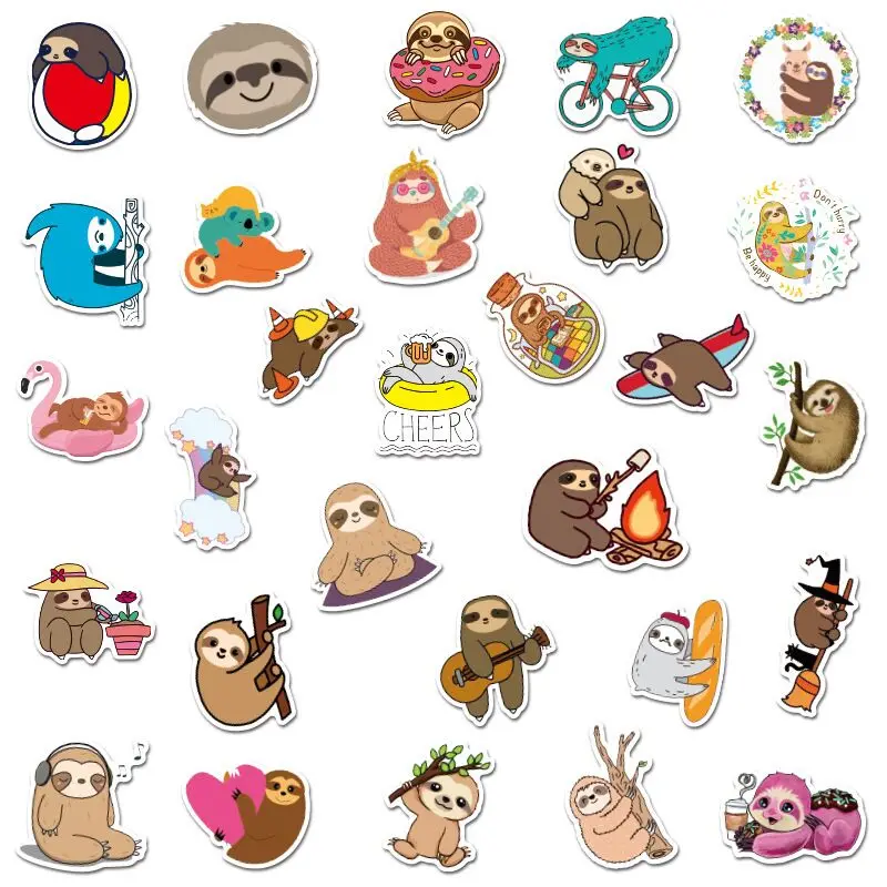 50 Pcs Lovely sloth Stickers Graffiti Waterproof For Diy Luggage Laptop Skateboard Car Motorcycle Bicycle snowboard boy | Игрушки и