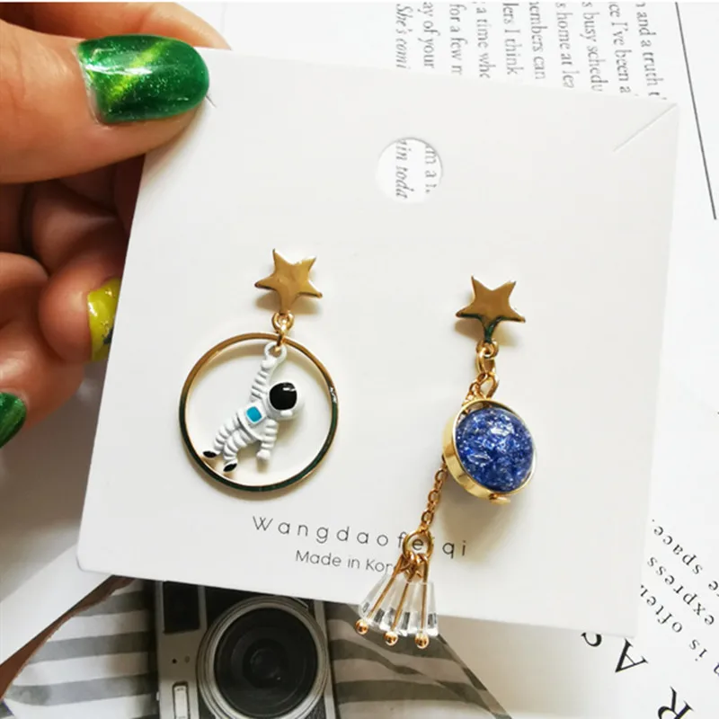 Новинка корейские серьги асимметричные капли с пентаграммой космические