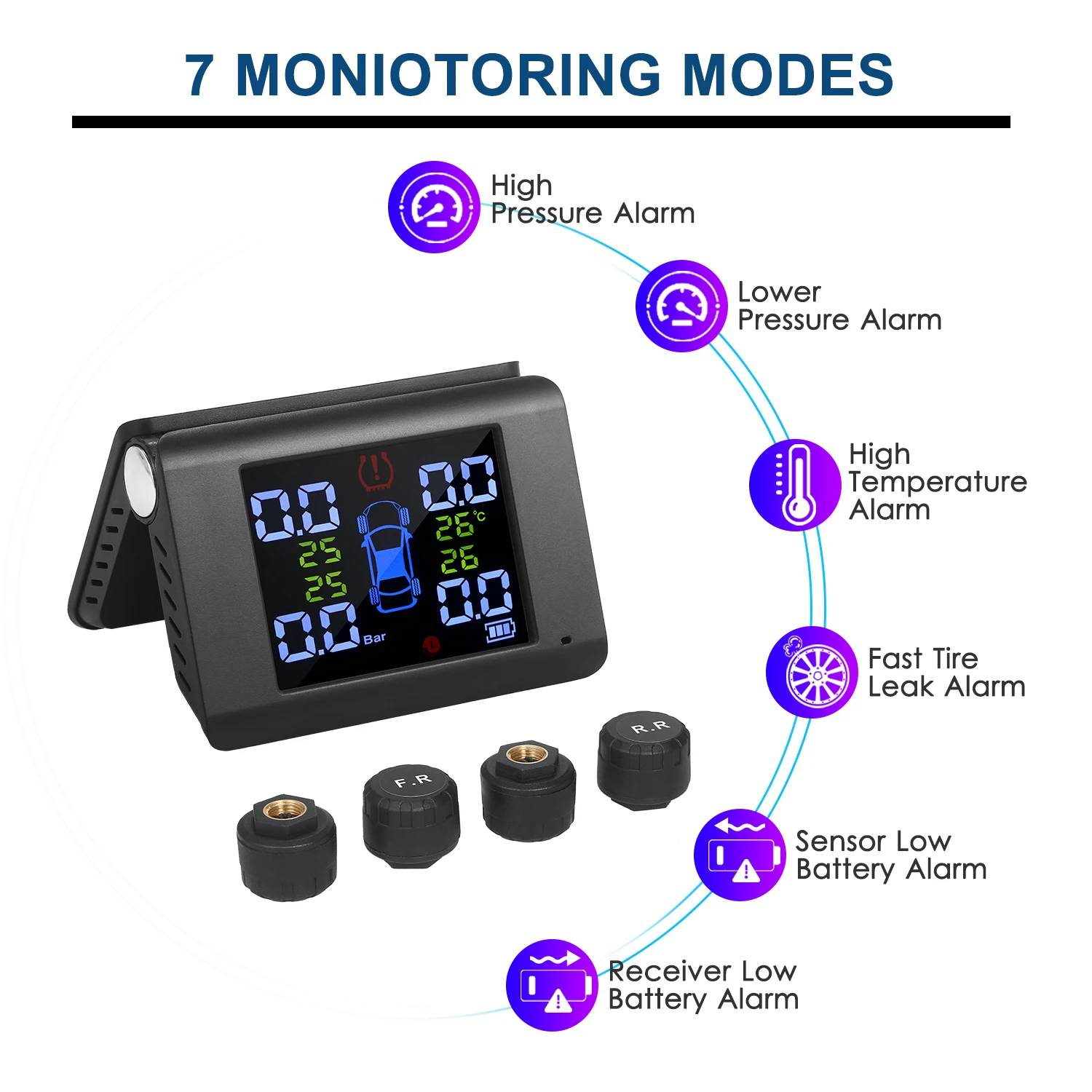 

Tire Pressure Monitoring System Solar Charge 7 Alarm Modes Full-Color Screen Foldable Design with 4 External Tmps Sensor