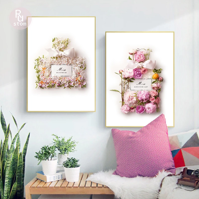 

Fashion Blush Pink Perfume Flower Bottle Posters and Prints Luxury Decor Miss Blooming Bouquet Modern Pictures Canvas Painting
