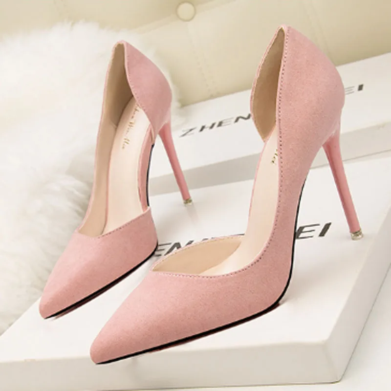 

Женские Модные простые туфли на тонком высоком каблуке, замшевые туфли на высоком каблуке с закрытым носком, сексуальные женские туфли с вы...