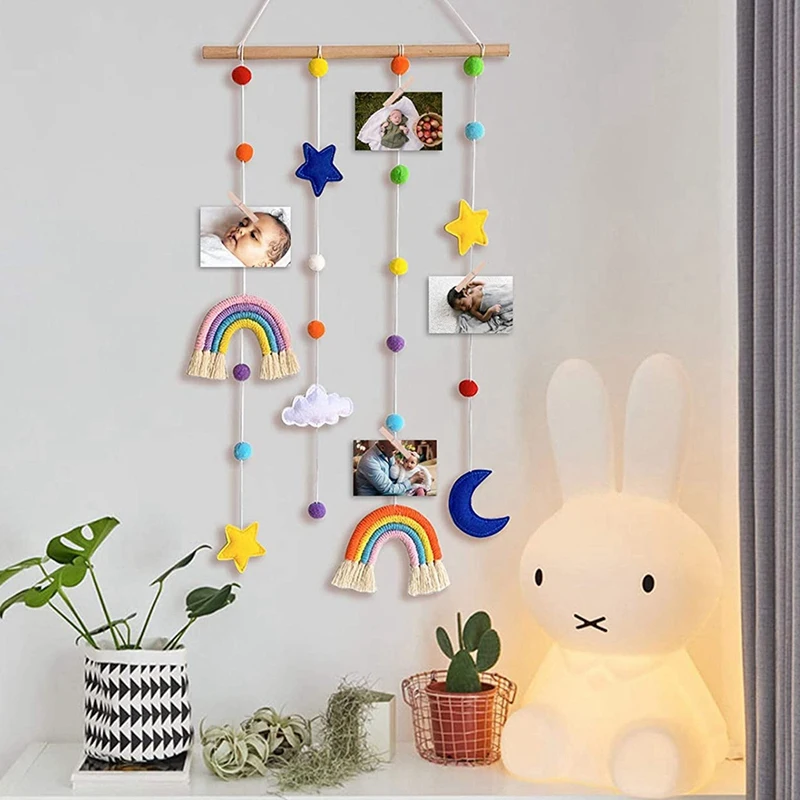 

Rainbow Baby Room Decor Kids Bedroom Macrame Photo Display Colorful Ball Wall Hanging Photo Organizer with 25 Wood Clips