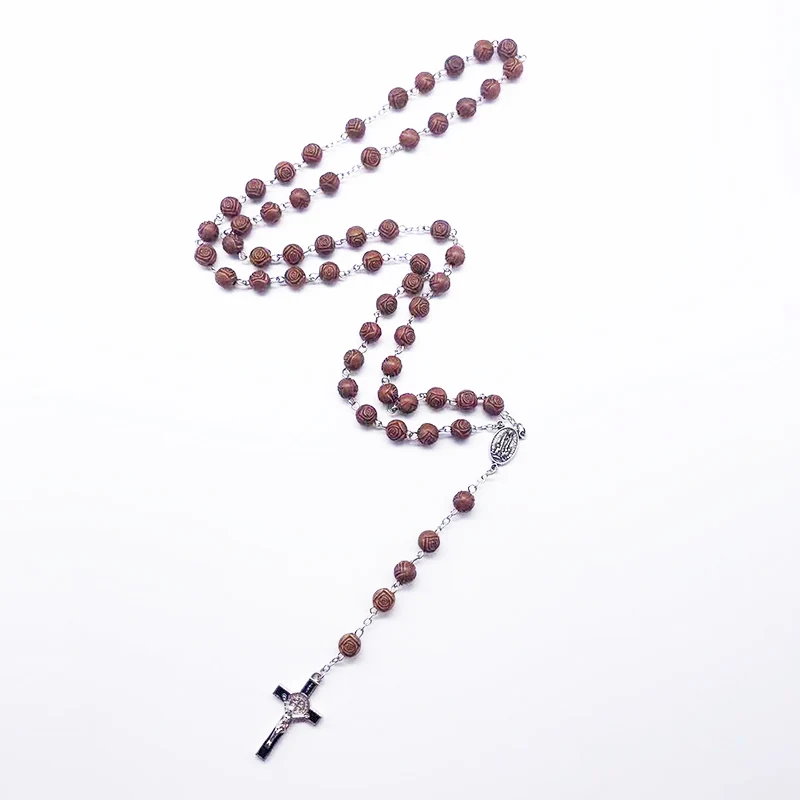 Модные деревянные резные розовые бусы религиозная молитва ожерелье Девы Марии