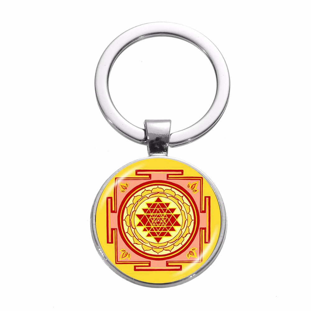 2019 New Design Sri Yantra Charm Keychain Sacred Geometry Chakra Spiritual Art Patterns Glass Dome Key Chain for Buddhist | Украшения и