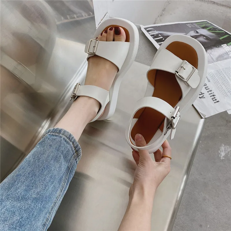 

Woman Sandals Flat Shoes 2021 New Fashion Sandals Summer Round Toe Mid Heel Black White Buckle Basic Size 35-40
