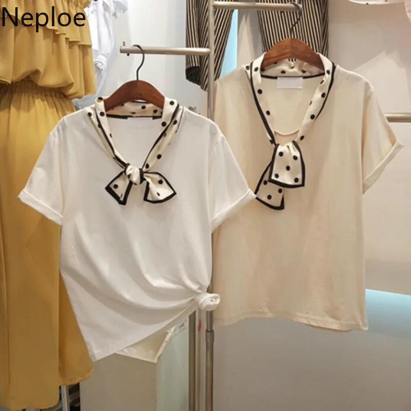 Neploe футболка в горошек с бантом на воротнике Женская Повседневная Однотонная