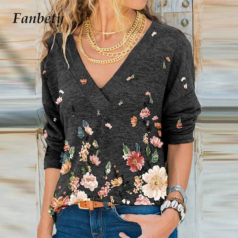 

Women Elegant Flower Print V Neck Blouse Shirt Autumn Casual Long Sleeve Pullover Tops Office Ladies Retro Plus Size Shirt Blusa