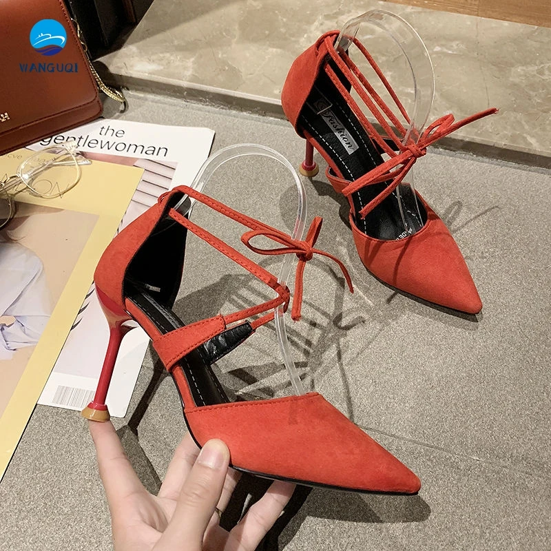 

Black high heels female 2021 new spring and autumn sexy wild pointed stiletto strap hollow single shoes red wedding shoes