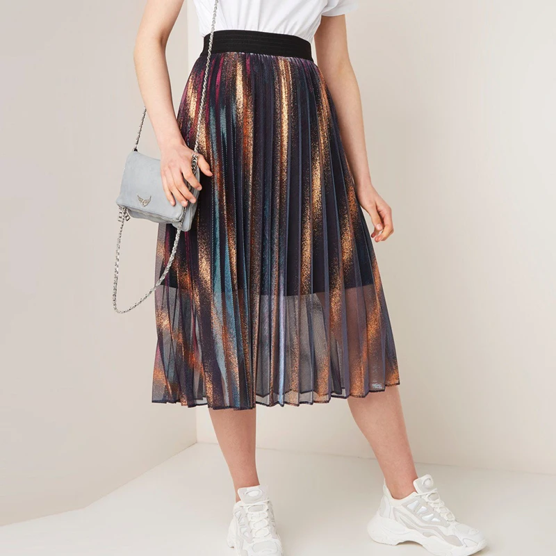 Flectit Pleated Iridescent Long Skirt Metallic Striped Elasticated Waist Flowy Sheer Women 2019 New Fashion Outfits * | Женская одежда